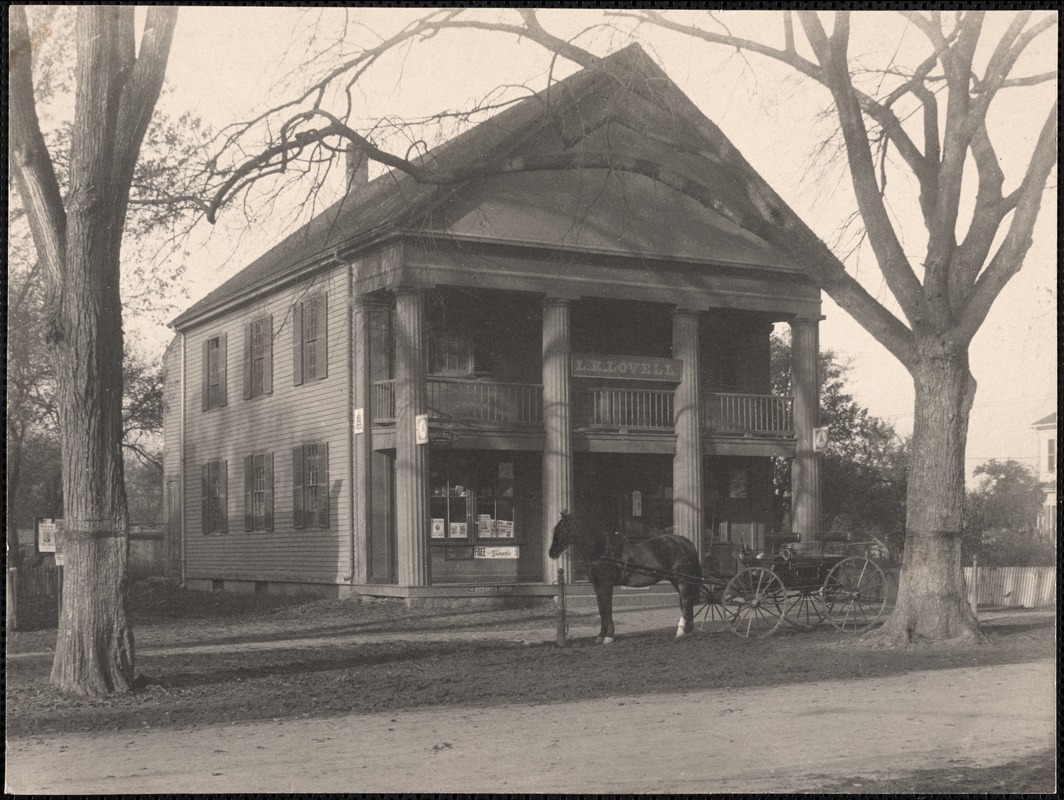 First town hall and library, built 1841. Eventually Lovell’s Grocery and then Collins’s Market