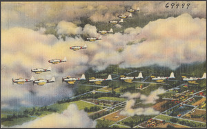These fighting planes of the United States Army make a wonderful sight flying in "V" Formation high above the clouds