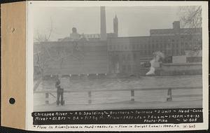 Chicopee River, A.G. Spalding and Brothers, tailrace #2 Unit, head-canal to river = 21.8ft., drainage area = 717 square miles, flow in river (visible in photo) = 4450 cubic feet per second, through Dwight Canal = 1000 cubic feet per second, total = 5450 cubic feet per second, Chicopee, Mass., 1:45 PM, Apr. 6, 1933