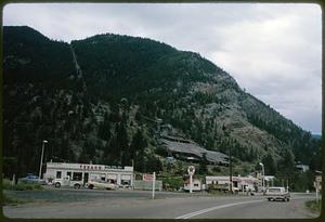 Gas stations at base of a large hill, British Columbia
