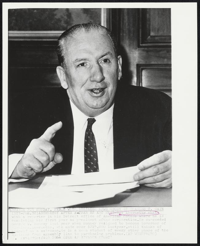 Abernethy After a Year as AMC Head - Roy Abernethy chats with a reporter in his Detroit office of American Motors where he is completing his first year as president of the corporation. He succeeded George W. Romney last year when Romney resigned to become Governor of Michigan. Abernethy, who made over $215,000 last year, still thinks of himself as a salesman. He is a keen student of every other phase of the business from assembly line to purchasing problems.