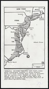 Storm Threatens East Coast--Cross gives approximate location of north Atlantic storm off South Carolina today which is threatening the eastern coast. Shaded are areas from Myrtle Beach, S.C., to Block Island where gale warnings are displayed.