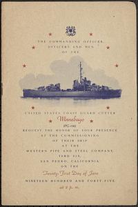 Invitation by U.S. Coast Guard for the commissioning of the U.S. Coast Guard Cutter Winnebago (PG-106) at San Pedro, CA, June 21, 1946