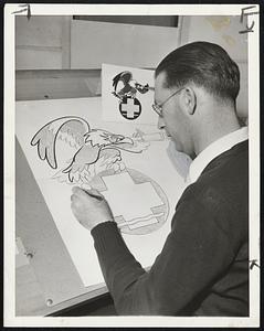 Works Gratis for Uncle Sam -- Hank Forter, artist in the Walt Disney Hollywood studio, working on a design for a U. S. reconnaissance air corps group.