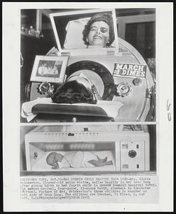 Has Fourth Child Despite Iron Lung- Mrs. Gloria Brickerton, 33-year-old polio victim, smiles happily in her iron lung after giving birth to her fourth child in Queens General Hospital today. The newest arrival, four-pound, 13-ounce David, slumbers in incubator (bottom). Picture of Mrs. Brickerton's three children is mounted on left side of iron lung. The children are Stephen, 7; Ellen, 3, and Jeff, 6.