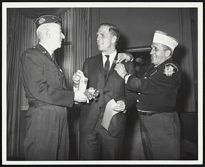 Mayor Kevin White kicks-off annual V.F. Poppy Drive in Boston by purchasing FIRST poppy from Chairman William Allen and the Suffolk County VFW Commander Ralph Kouroyen.