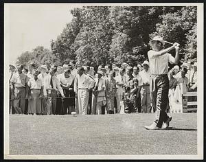 Runyan Wins P.G.A. Crown. Paul Runyan, who defeated Sam Snead 8 and 7 here today to win the P.G.A. crown, is shown driving from the 13th tee.