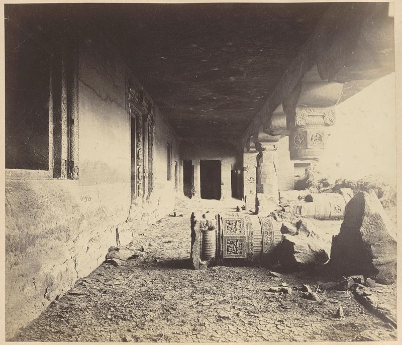 View from the left looking along interior of verandah of Buddhist Vihara, Cave XXIV, Ajanta