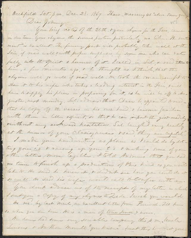 Letter from Zadoc Long to John D. Long, December 28, 1867