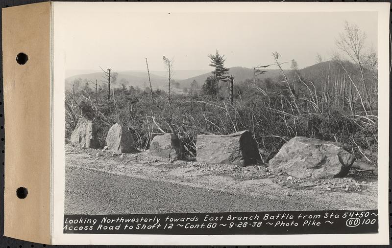 Contract No. 60, Access Roads to Shaft 12, Quabbin Aqueduct, Hardwick and Greenwich, looking northwesterly towards East Branch Baffle from Sta. 54+50, Greenwich and Hardwick, Mass., Sep. 28, 1938