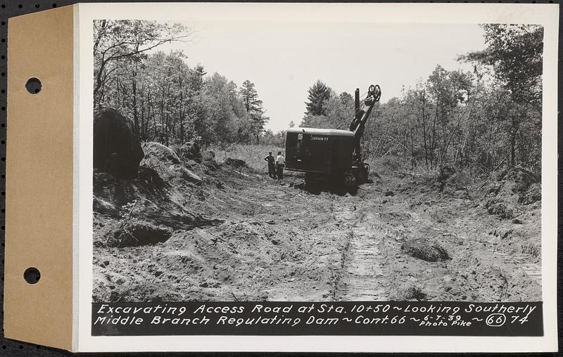 Contract No. 66, Regulating Dams, Middle Branch (New Salem), and East Branch of the Swift River, Hardwick and Petersham (formerly Dana), excavating Access Road at Sta. 10+50, looking southerly, middle branch regulating dam, Hardwick, Mass., Jun. 7, 1939