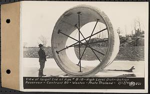 Contract No. 80, High Level Distribution Reservoir, Weston, view of spigot end of pipe 8-18, high level distribution reservoir, Weston, Mass., Feb. 13, 1940