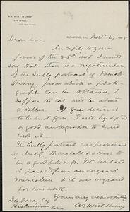 Letter from William Wirt Henry, Richmond, VA, to Darwin C. Pavey, Birmingham, Conn., 1888 November 27