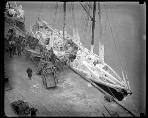Fishing schooner Gov. Fuller ice clad at Fish Pier