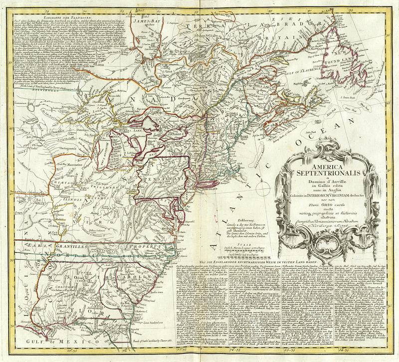 America Septentrionalis a Domino d'Anville in Galliis edita nunc in Anglia Coloniis in Interiorem Virginiam deductis nec non Fleuvii Ohio cursu aucta ...