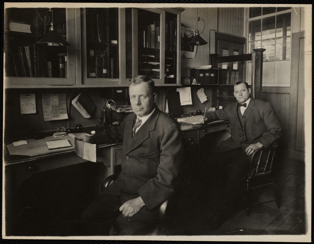 L.S.2 wool storehouse. Wool sorting dept. Thomas Huby, overseer (on left). Fred Higginbottom, clerk