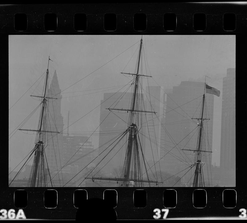USS Constitution & skyline from Charlestown, downtown Boston