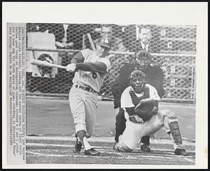 Minneapolis - St. Paul - First Blood - Ron Fairly, Los Angeles Dodgers right fielder, leading off the second inning of first World Series game today at Metropolitan Stadium, crashes a 3 and 2 pitch for a home run for first score of game. Catching is Minnesota Twins’ Earl Battey. Umpire is Ed Hurley.