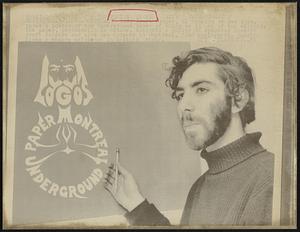 U.S. Draft Dodger, Al Shapiro of New York, shows a poster of the Underground paper of which he is one of the editors. The paper, psychedelic in nature, supports a policy of sympathy towards draft dodgers and aids new dodgers to Montreal, find employment. Shapiro lives a meagre existence in beatnik style.