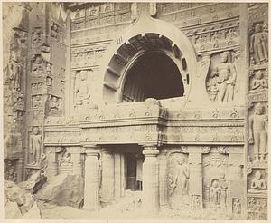 View from the right of façade of Buddhist chaitya hall, Cave XIX, Ajanta