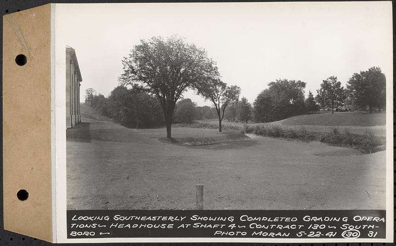 Contract No. 130, Grading, Loaming, and Grassing Vicinity of Shaft 4, Pressure Aqueduct, Southborough, and Improvement of Access Roads to the Intake Works and at Norumbega Reservoir, Marlborough, Southborough, Weston, looking southeasterly showing completed grading operations, headhouse at Shaft 4, Southborough, Mass., May 22, 1941