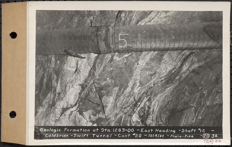 Contract No. 20, Coldbrook-Swift Tunnel, Barre, Hardwick, Greenwich, geologic formation at Sta. 1283+00, east heading, Shaft 12, Coldbrook-Swift Tunnel, Hardwick, Mass., Oct. 4, 1932