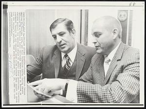 Umpires Attend Hearing -- Former American League umpires Al Salerno, left, and Bill Valentine confer during recess Wednesday of a National Labor Relations Board hearing in Boston on charges against the American League of unfair labor practices. Valentine contended Tuesday he and Salerno were fired because they sought to unionize the league's umpires. They were dismissed Sept. 16, 1968 and both seek reinstatement.