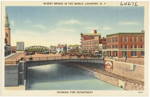 Widest bridge in the world, Lockport, N. Y., showing fire department