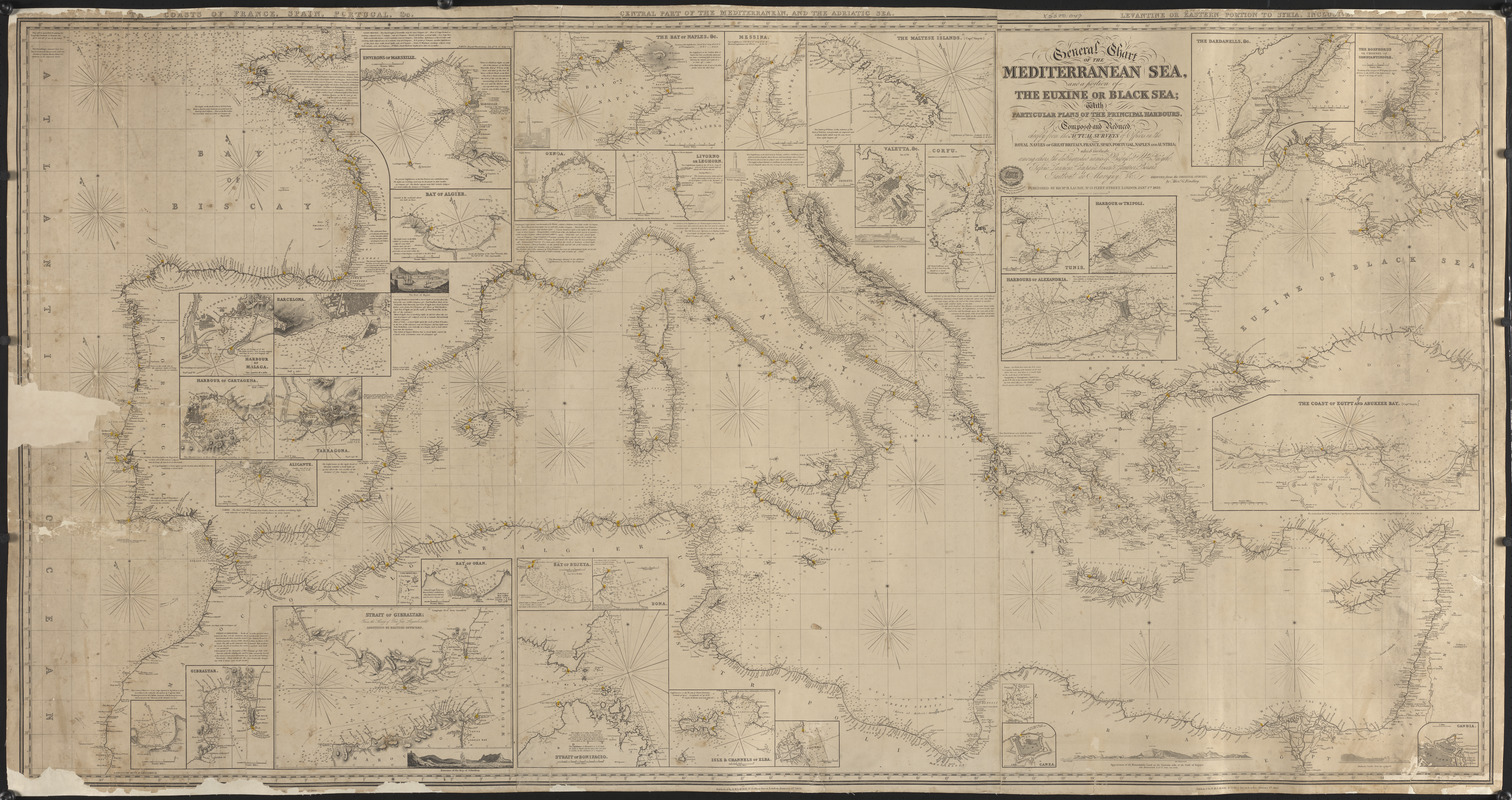 General chart of the Mediterranean Sea and a portion of the Euxine or Black Sea with particular plans of the principal harbors