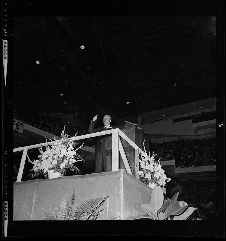 Dr. Billy Graham addresses a near capacity throng of 13,500 as he opened 10-day "Crusade for Christ" at Boston Garden last night