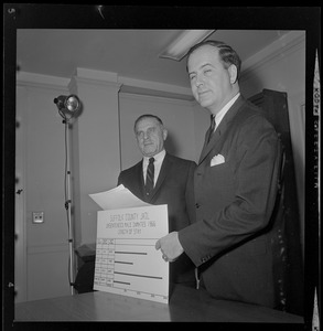 Dr. Roger D. Abizaid, Finance Commission member and Chairman John Larkin Thomson (right) hold chart, part of Charles St. Jail study