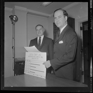 Dr. Roger D. Abizaid, Finance Commission member and Chairman John Larkin Thomson (right) hold chart, part of Charles St. Jail study