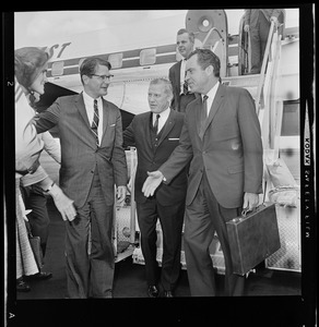 Anne Hazard Richardson, Lt. Gov. Elliot Richardson, and Governor John A. Volpe greet Richard Nixon at Logan Airport