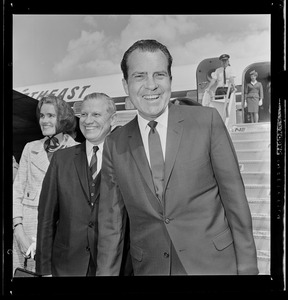 Anne Hazard Richardson and Governor John A. Volpe greet Richard Nixon at Logan Airport