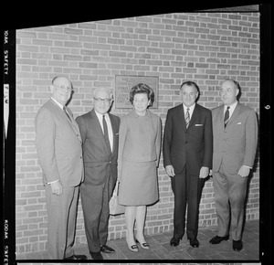 Sidney R. Rabb, Brandeis President Abram Sachar, Jeannette Rabb Solomon, Norman S. Rabb, and Irving Rabb at dedication of Rabb Graduate Center at Brandeis University