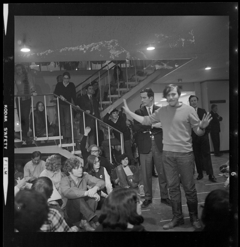 Dean of Students Philip Driscoll and Marty Janowitz among demonstrators at the Brandeis University administration building sit-in