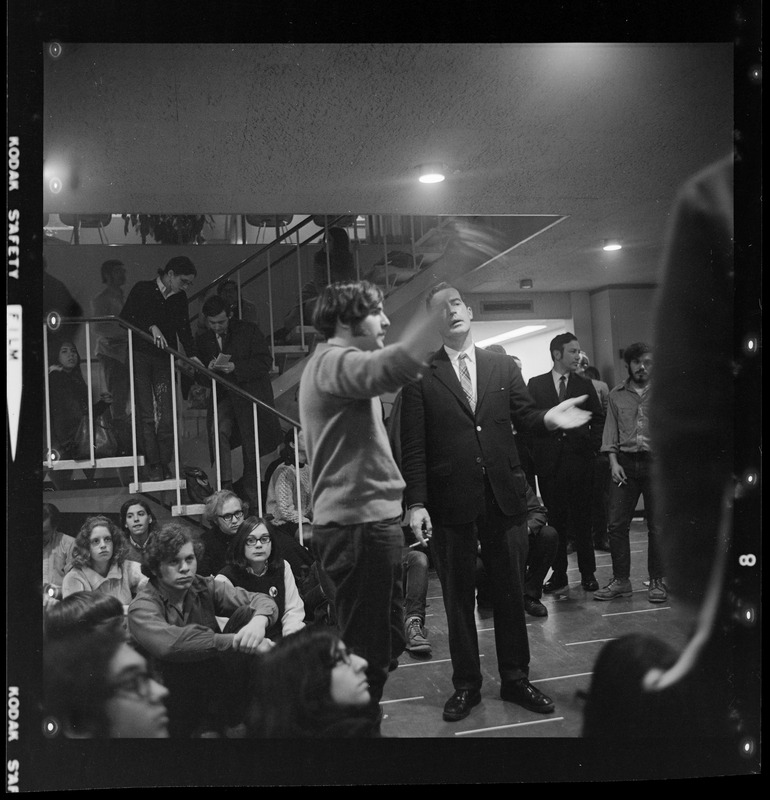 Dean of Students Philip Driscoll and Marty Janowitz among demonstrators at the Brandeis University administration building sit-in