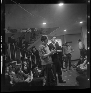 Dean of Students Philip Driscoll and Marty Janowitz among demonstrators at the Brandeis University administration building sit-in