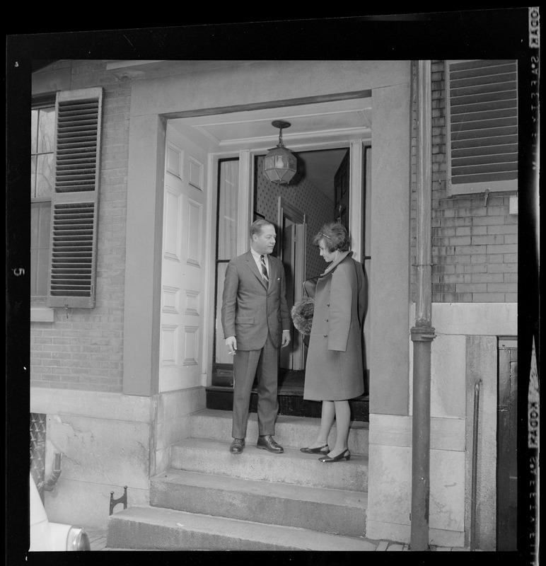 John L. Saltonstall, Jr., and Margaret B. Saltonstall outside their Beacon Hill home