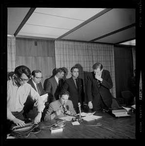 Brandeis University President Morris Abram at press conference during occupation of Ford Hall by Black students