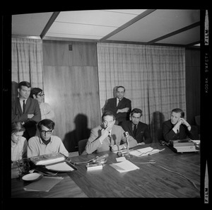 Brandeis University President Morris Abram at press conference during occupation of Ford Hall by Black students
