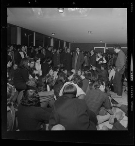 President Morris Abram addresses students sitting in Brandeis University administration building in solidarity with Black student occupation