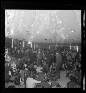 President Morris Abram addresses students sitting in Brandeis University administration building in solidarity with Black student occupation