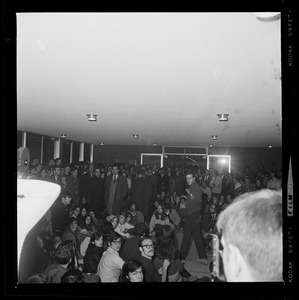 President Morris Abram addresses students sitting in Brandeis University administration building in solidarity with Black student occupation