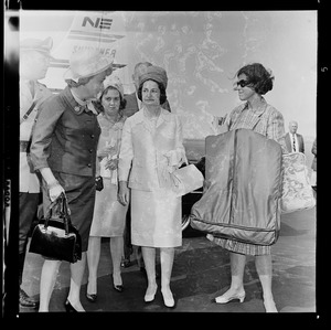 Lady Bird Johnson arriving at Logan Airport accompanied by Toni Peabody and Mary Collins