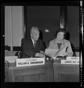 Boston School Superintendent William H. Ohrenberger and Chairperson Louise Day Hicks at Boston School Committee meeting