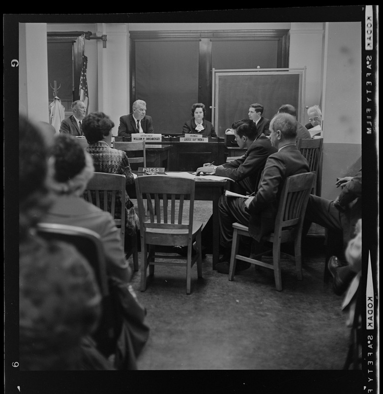 Superintendent William H. Ohrenberger School Committee Chair Louise Day Hicks at Boston School Committee meeting