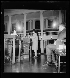 Louise Day Hicks speaking at Faneuil Hall