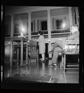 Louise Day Hicks speaking at Faneuil Hall