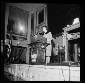 Louise Day Hicks speaking at Faneuil Hall